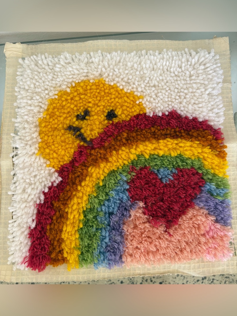 Vintage Colorful Rainbow & Smiley Sun Latch Hooked Rug Accent Wall Decor